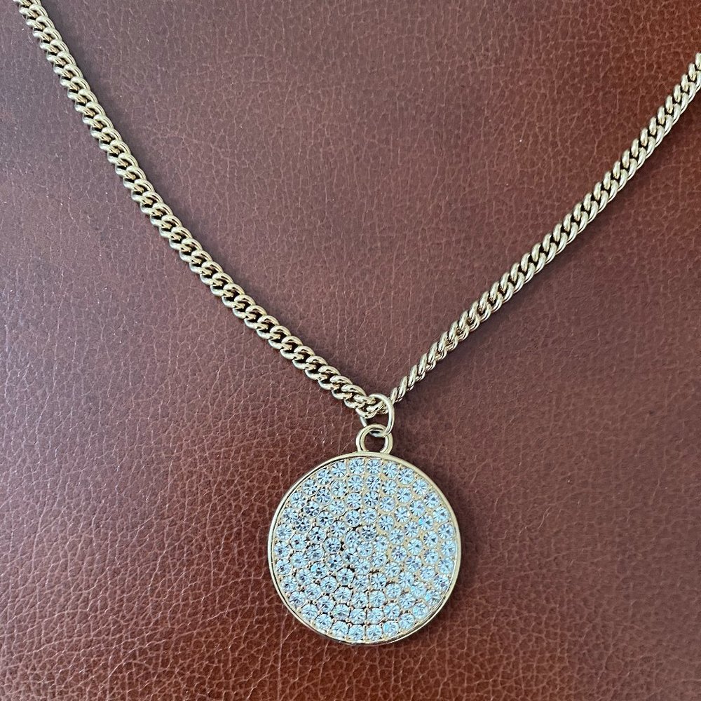 Gold tone Rhinestone Disc Pendant Necklace, 16.5"